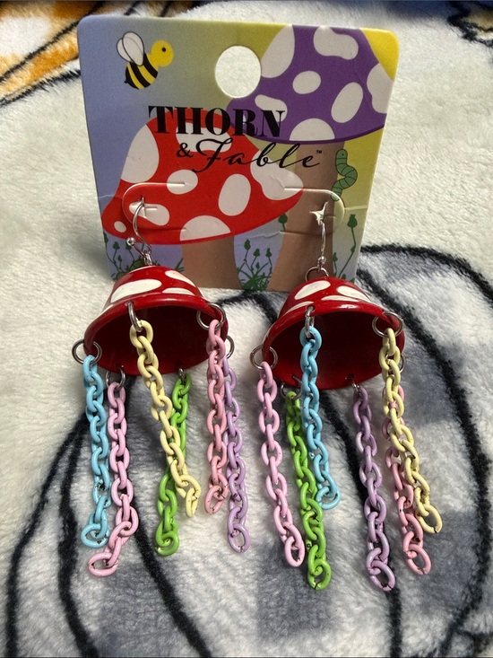 Thorn & Fable Jewelry - Red Mushroom Jellyfish Chain Earrings -